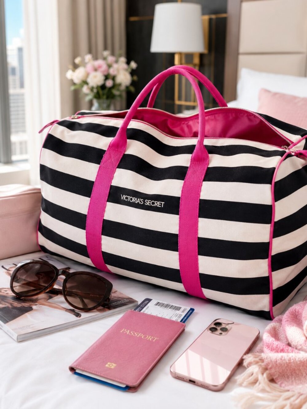 Victoria’s Secret Striped Weekender Bag Black White Pink Travel Tote